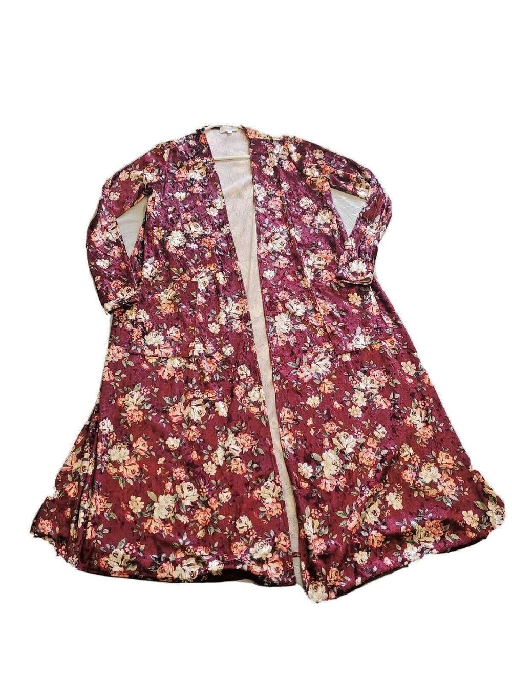 Womens Small Duster Cardigan Dark Floral Velour Pockets Maroon Lularoe